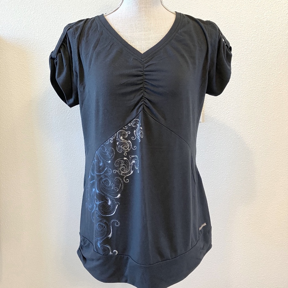 Reebok top, dark grey with gathering and blue & white design, size L